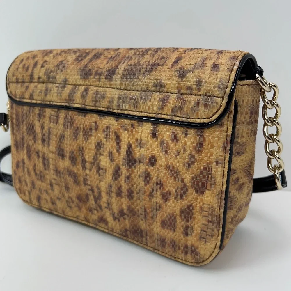 KATE SPADE Crossbody Bag Medium Woven Straw Gold Turn Lock Leopard Print Satchel